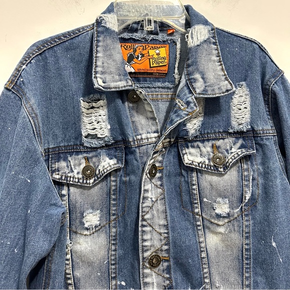 Rolling Paper Women’s Blue Denim Ripped Distressed Jean Jacket - Picture 2 of 7